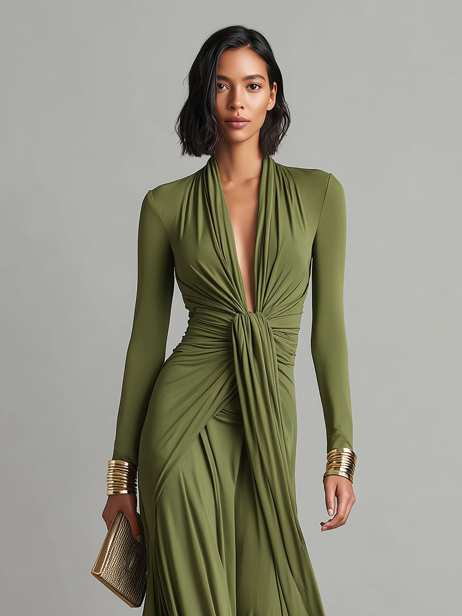 Oliv Seide Maxi Kleid V-Ausschnitt - 