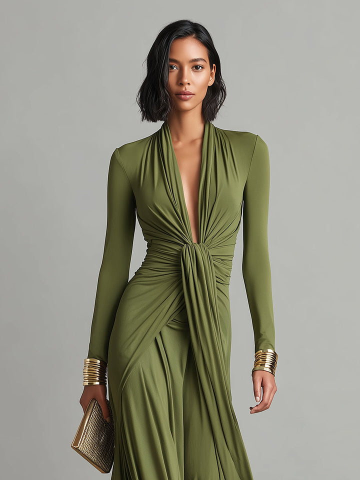 Oliv Seide Maxi Kleid V-Ausschnitt - 