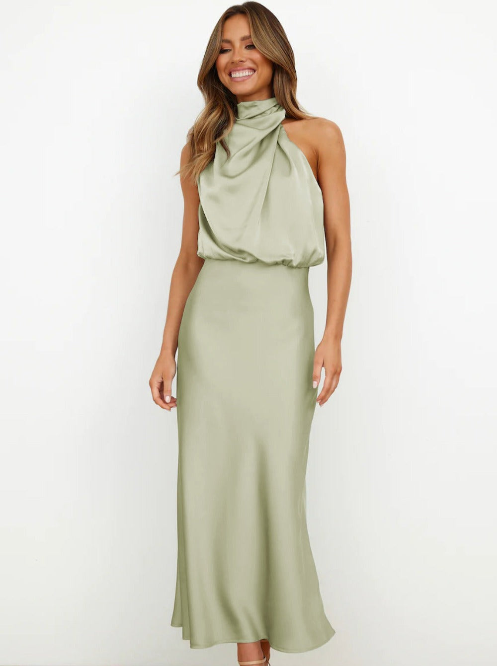 Briony | Dress Maxi in Raso with Collo Halter Drappeggiato
