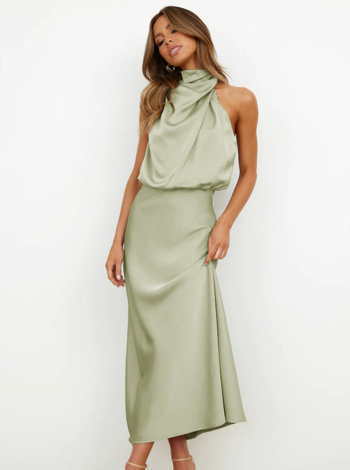 Briony | Dress Maxi in Raso with Collo Halter Drappeggiato