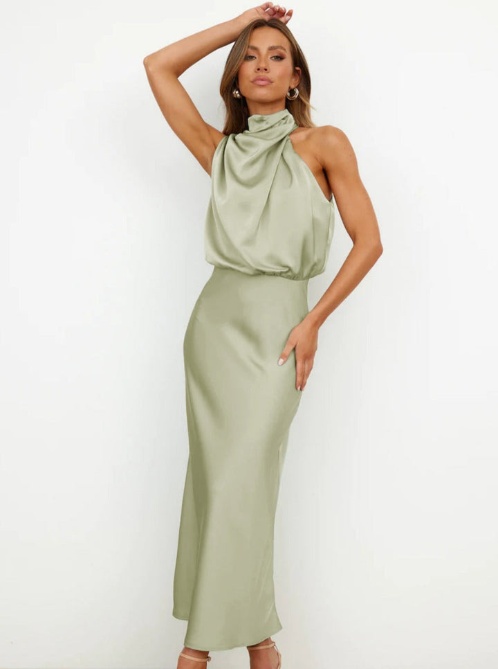 Briony | Dress Maxi in Raso with Collo Halter Drappeggiato