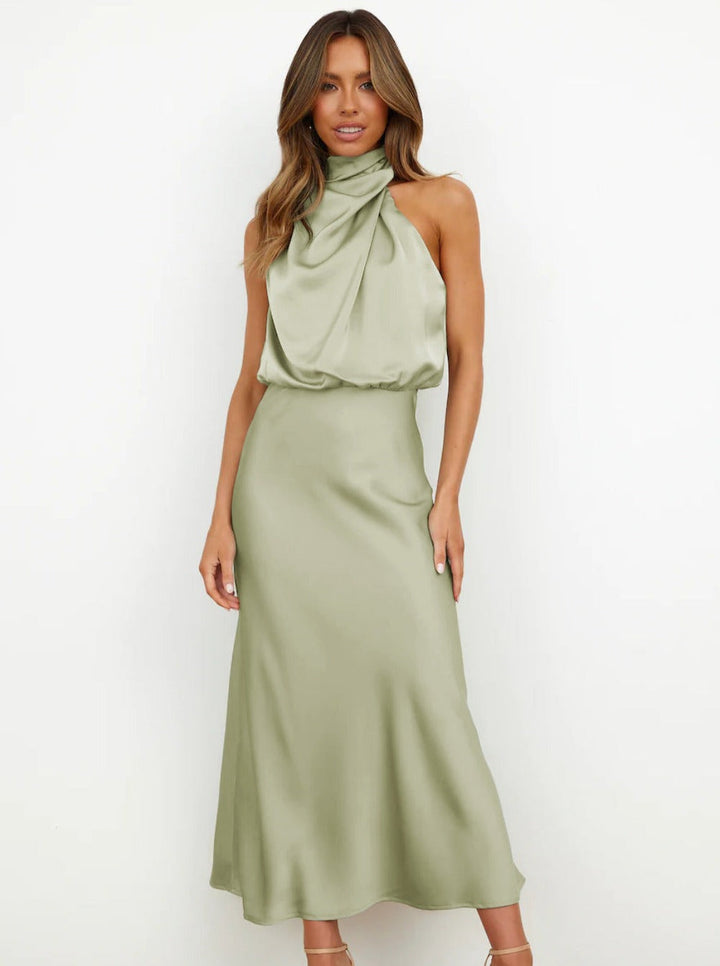 Briony | Dress Maxi in Raso with Collo Halter Drappeggiato