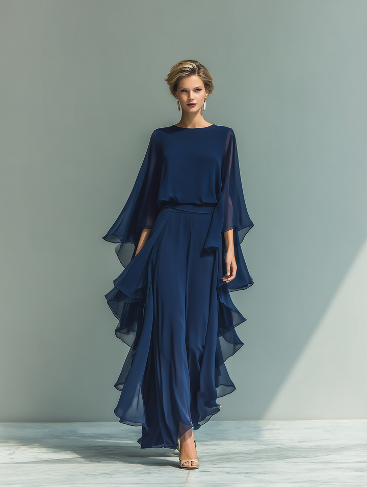 Marineblau Chiffon Set Rüschen - 