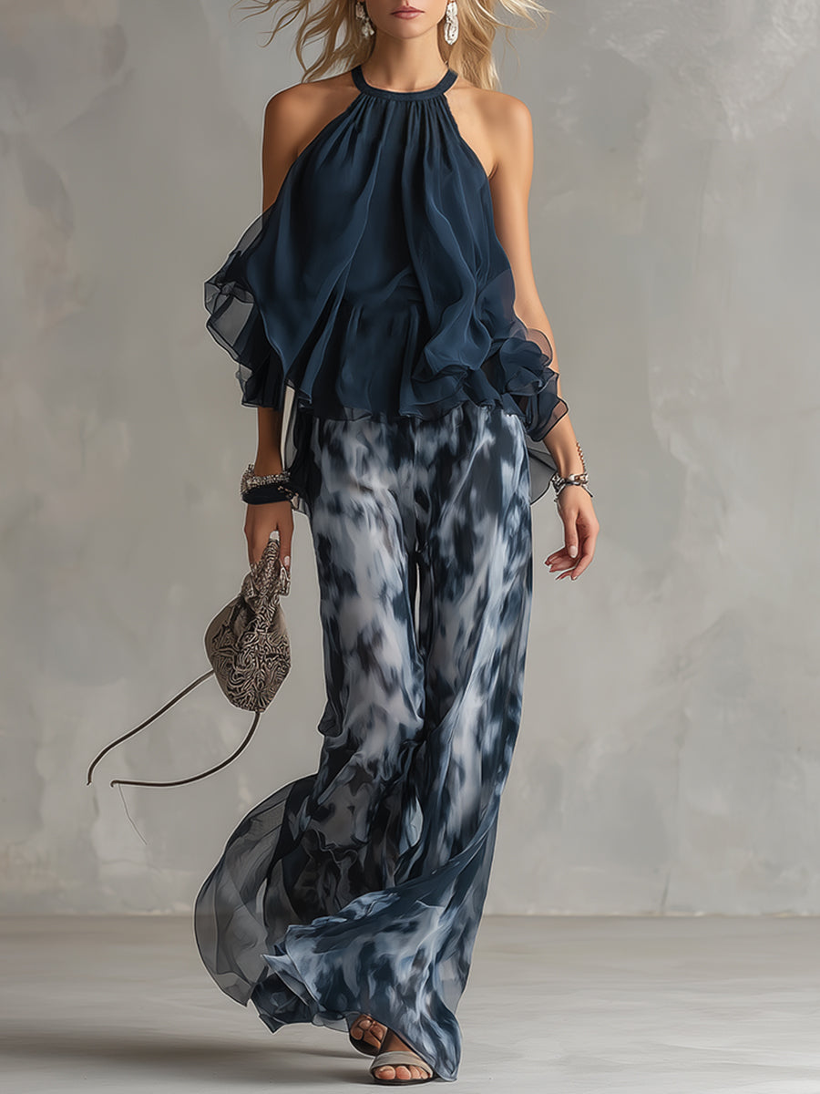 Ludovica | Elegantes Set mit hochgeschlossenem Oberteil und weit geschnittenen bedruckten Hosen - Helen & Olivia Manhattan