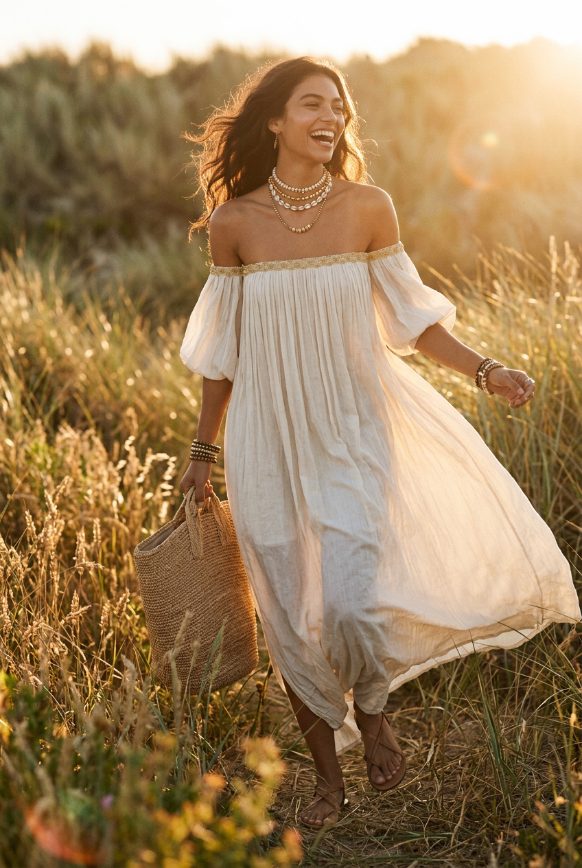 Inez | Maxi Dress Plissettato Off-Shoulder