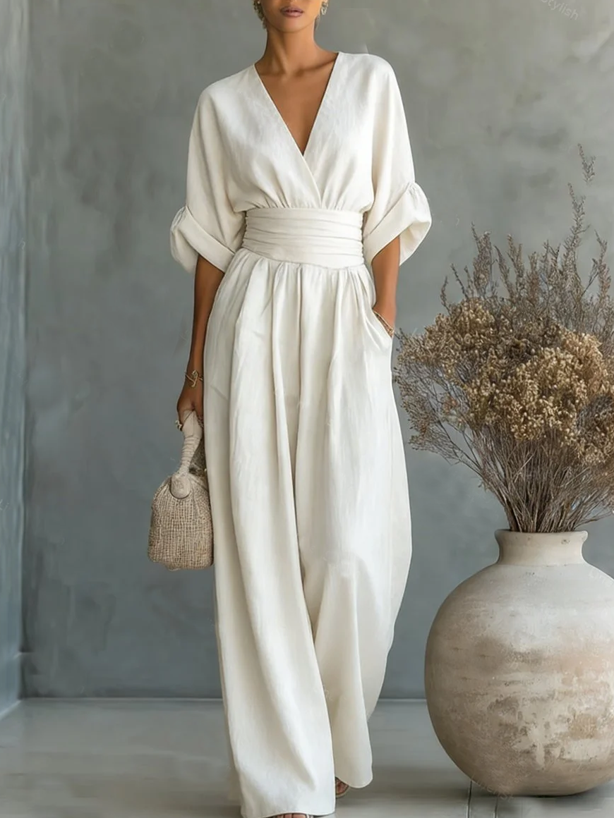 Maja | Eleganter V-Ausschnitt Hochtaillierter Jumpsuit - Helen & Olivia Manhattan