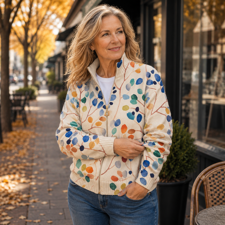 Delphine | Botanical Leaf Print Zip Cardigan - Helen & Olivia Manhattan