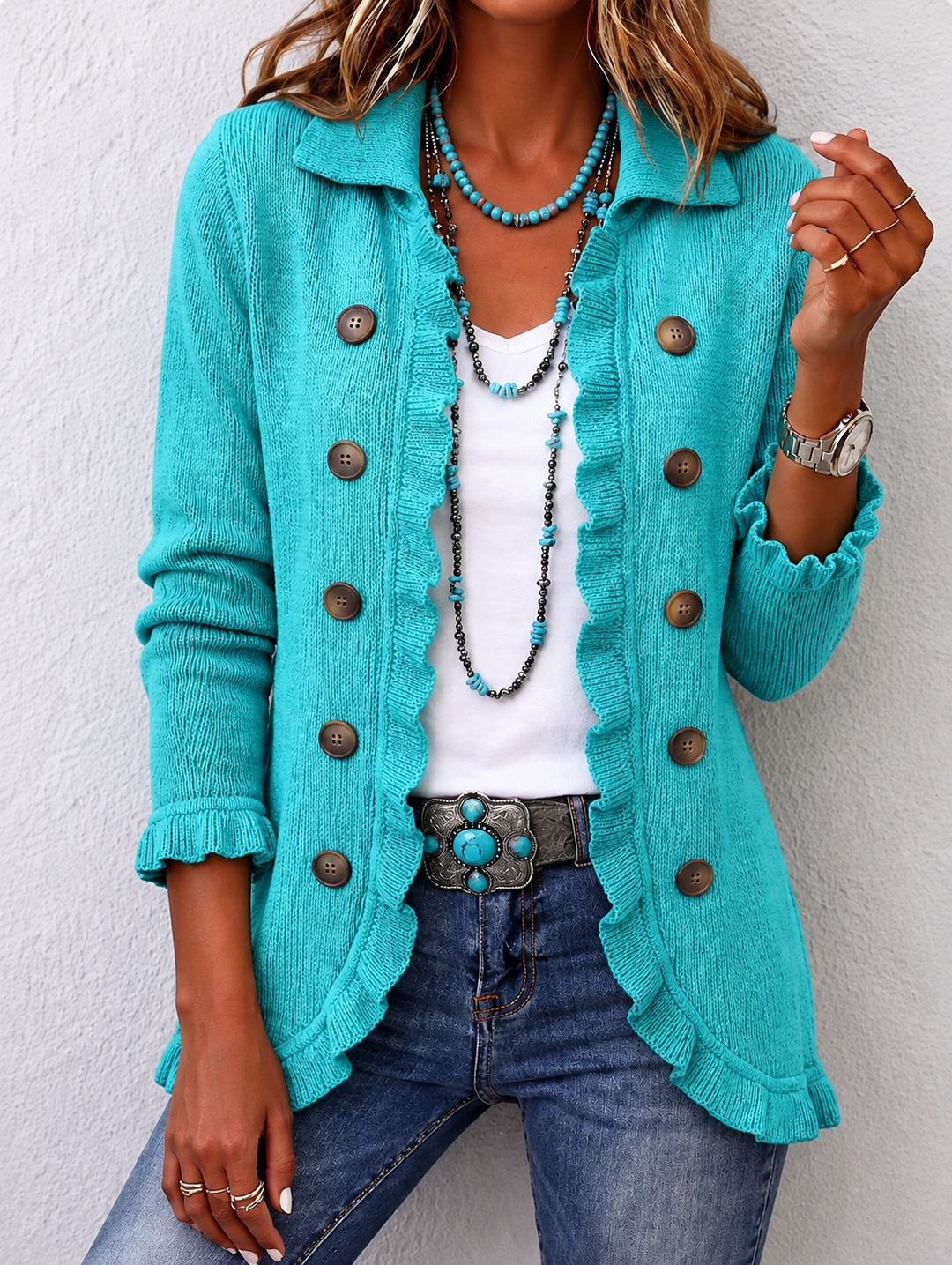 Maribel | Turquoise Ribbed Knit Ruffle Cardigan - Turquoise