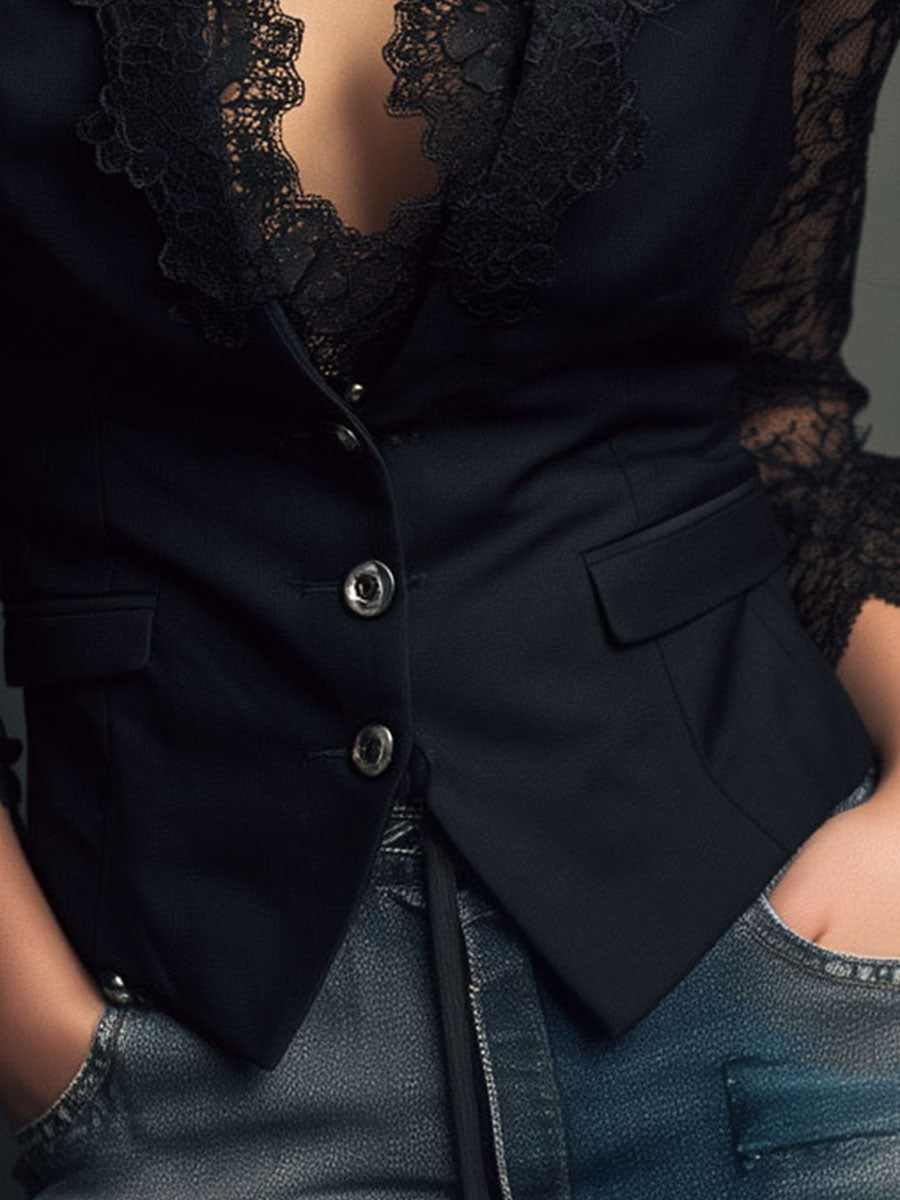Noemie | Black Blazer Top with Sheer Sleeves