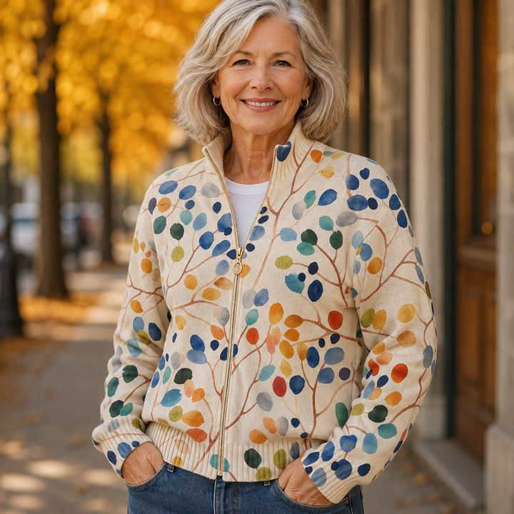Delphine | Botanical Leaf Print Zip Cardigan - Helen & Olivia Manhattan