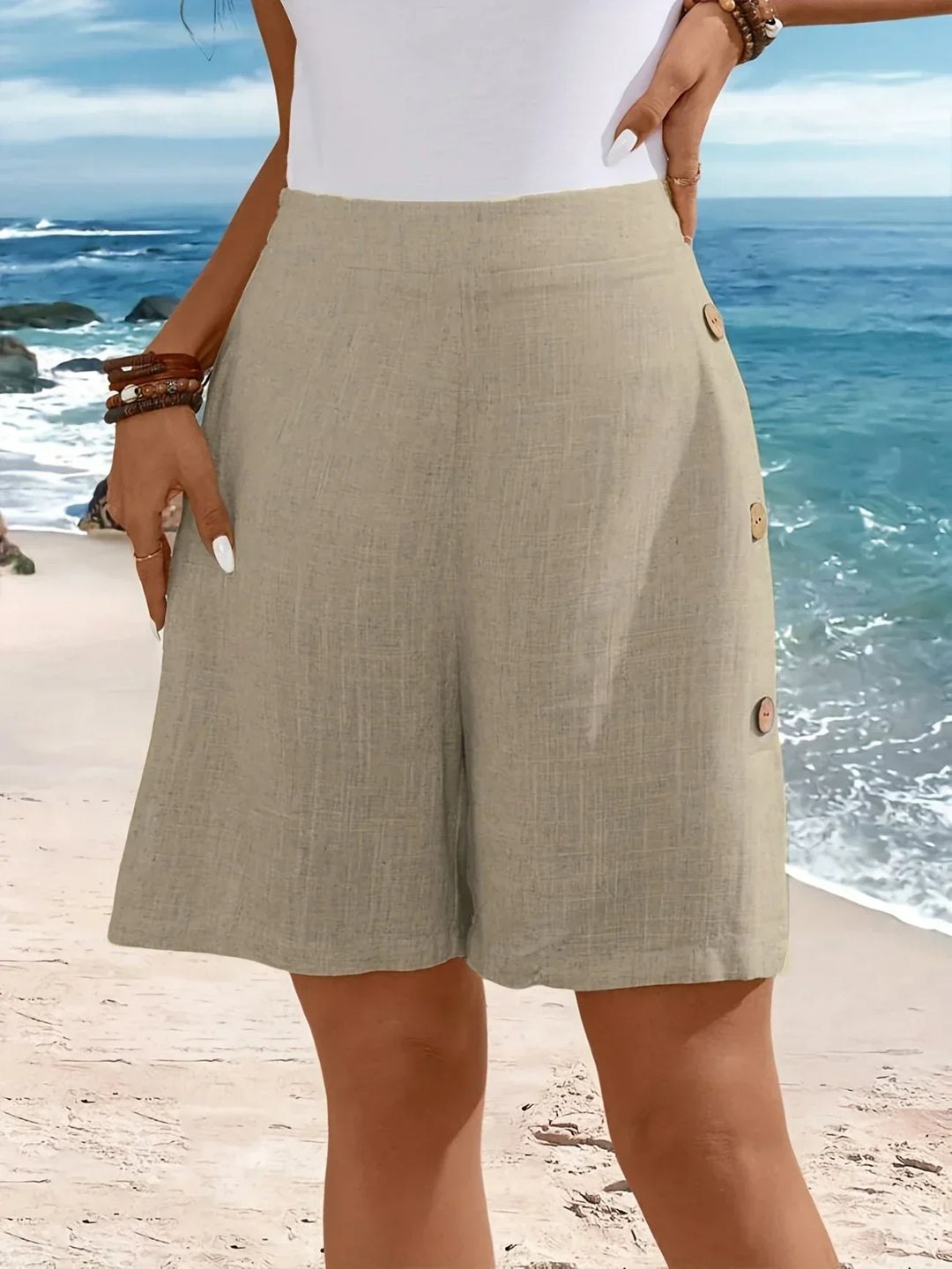 Kaye | Sunlit Linen Shorts with Side Buttons