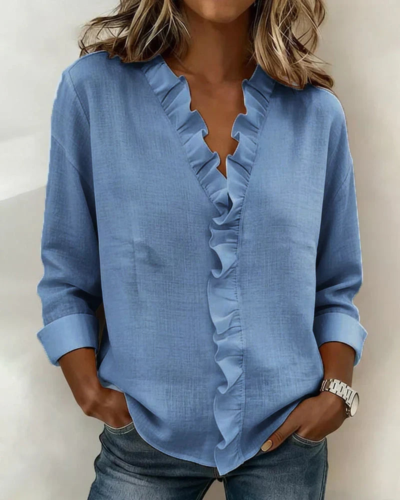Corinna | Soft Ruffle Trim Linen Blouse