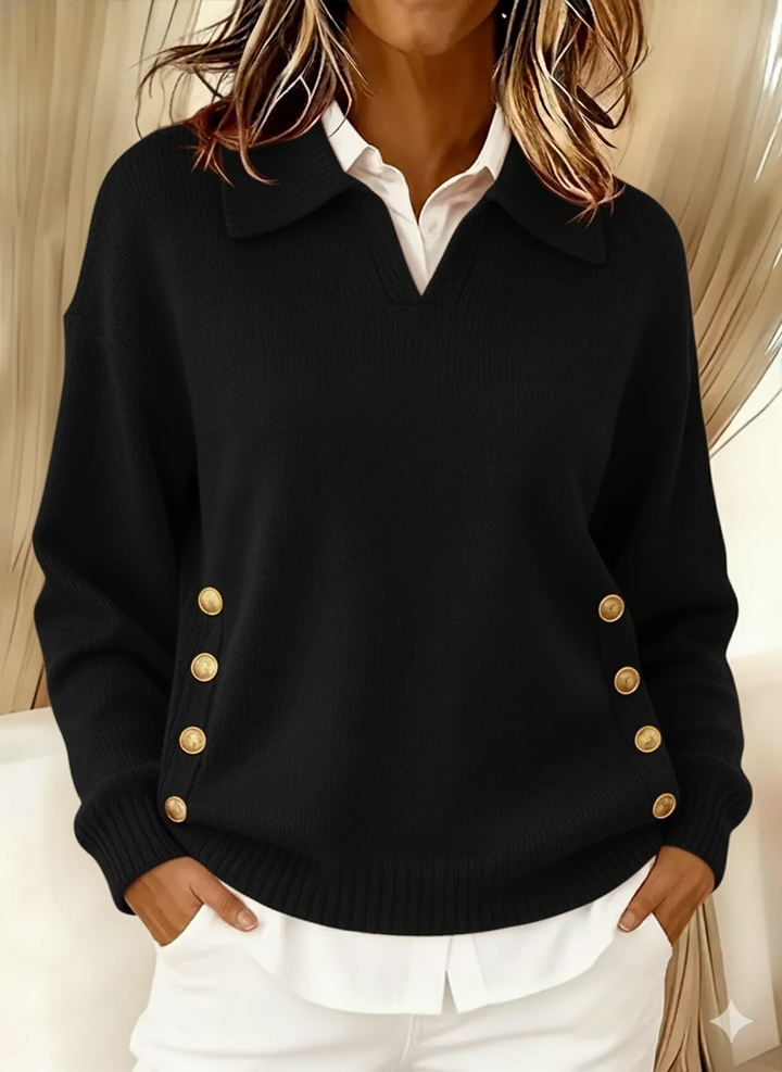 Vynette | V-Neck Sweater with Collar - Black