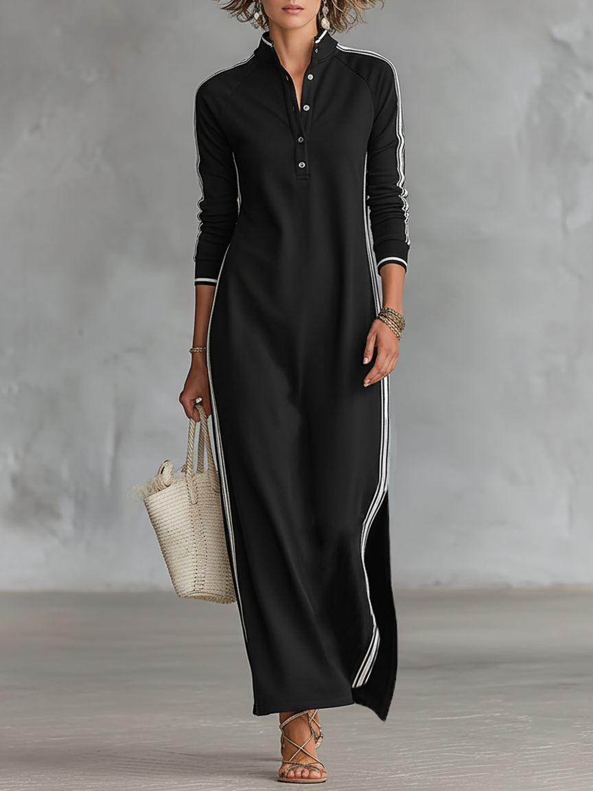 Sweat Maxi Kleid Knopfkragen - Black