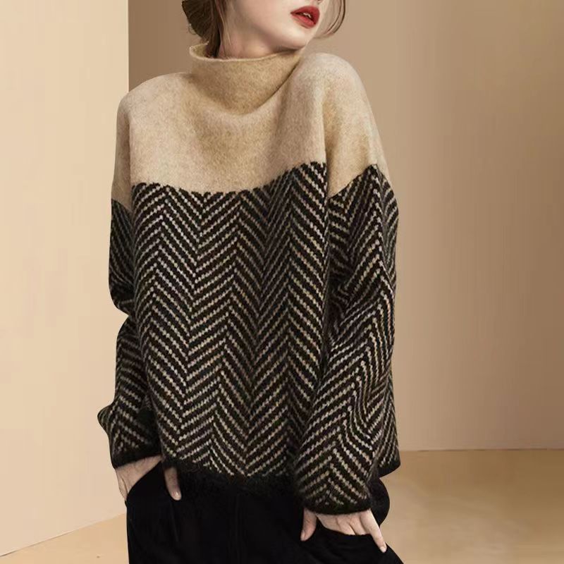 Eva | Herringbone Knit Sweater - Khaki