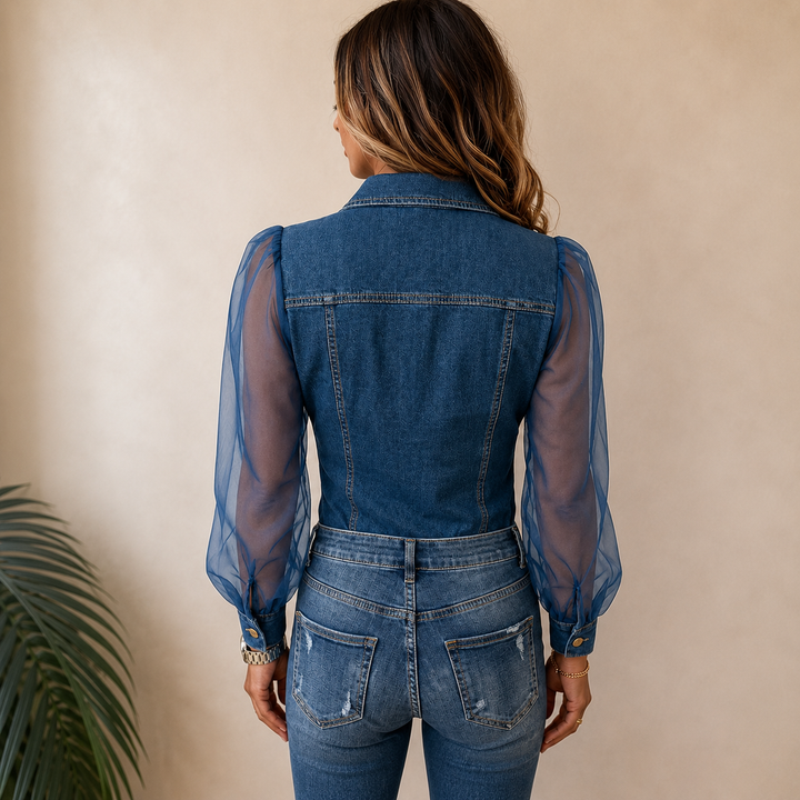 Lowanna | Sheer Sleeve Denim Look Shirt