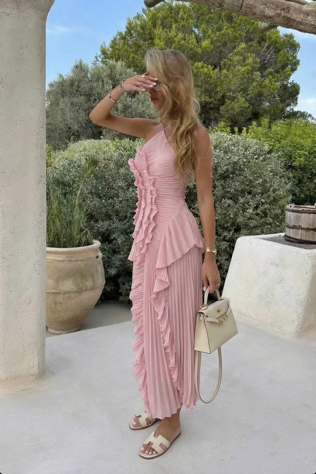 Eliza | Dress Maxi Plissettato with Collo Halter & Balze