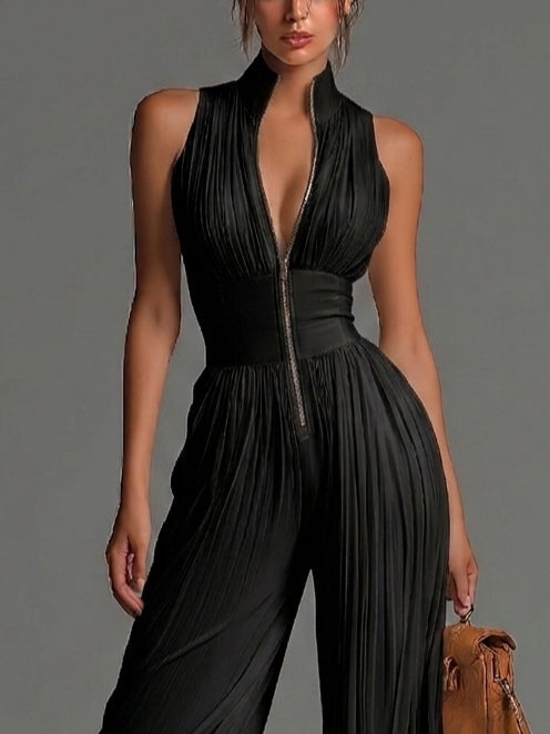 Amara | Black V-neck Sleeveless Zip-up Pleated Wide-leg Chiffon Jumpsuit - Helen & Olivia Manhattan