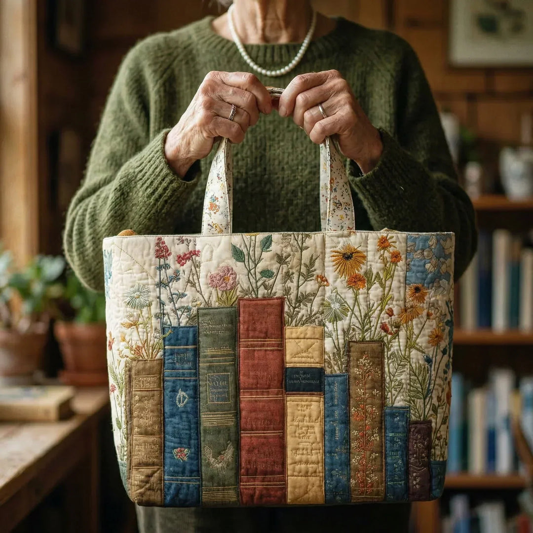 Artisanal Quilted Bag - Books & Flowers