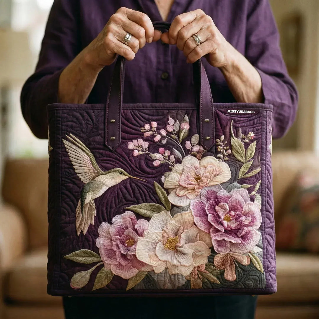 Quilted Tote Bag - Hummingbirds & Orchids