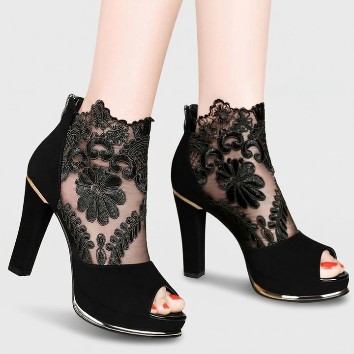 Seraphine Elegant Lace Peep | Toe Heels - Red