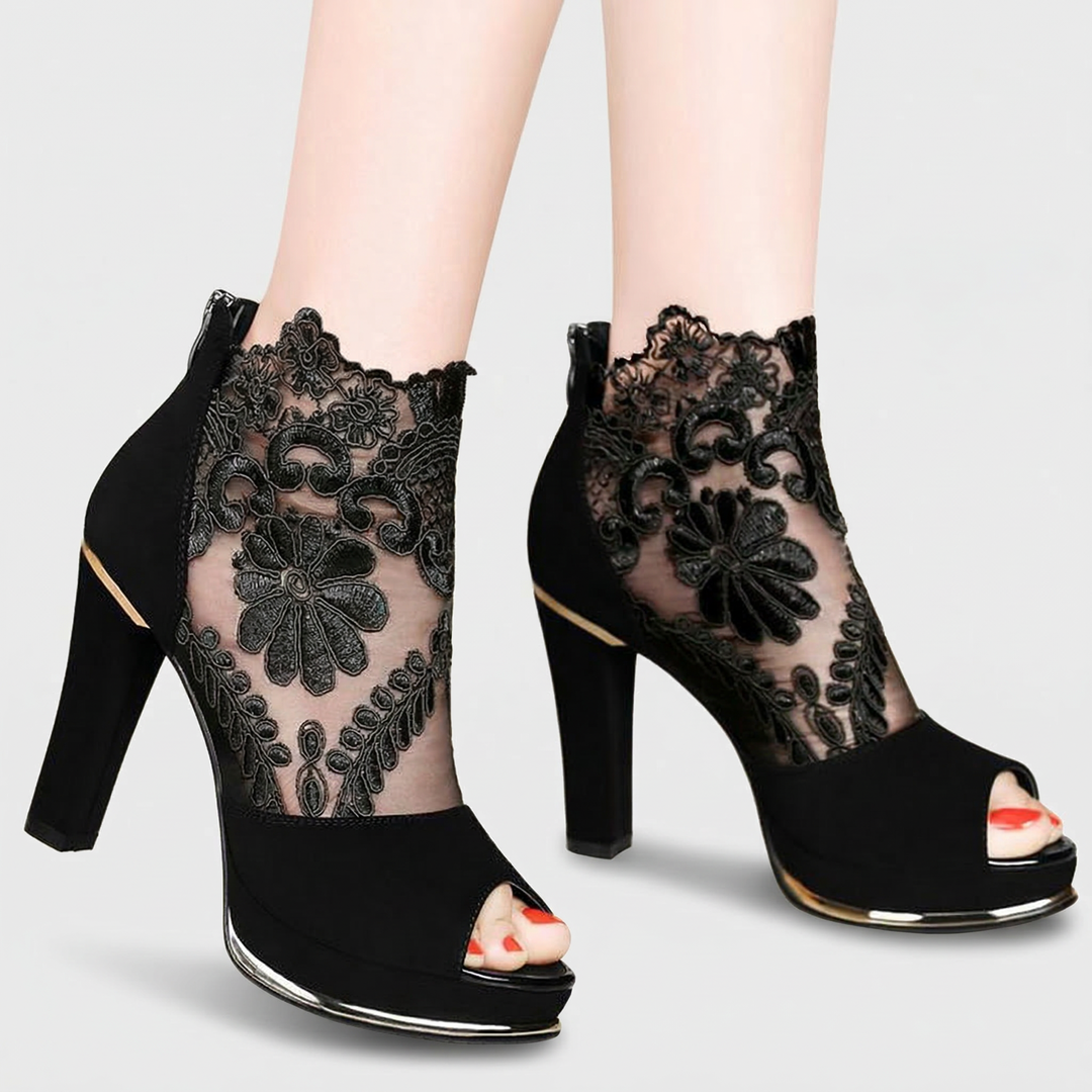 Seraphine Elegant Lace Peep | Toe Heels - Red