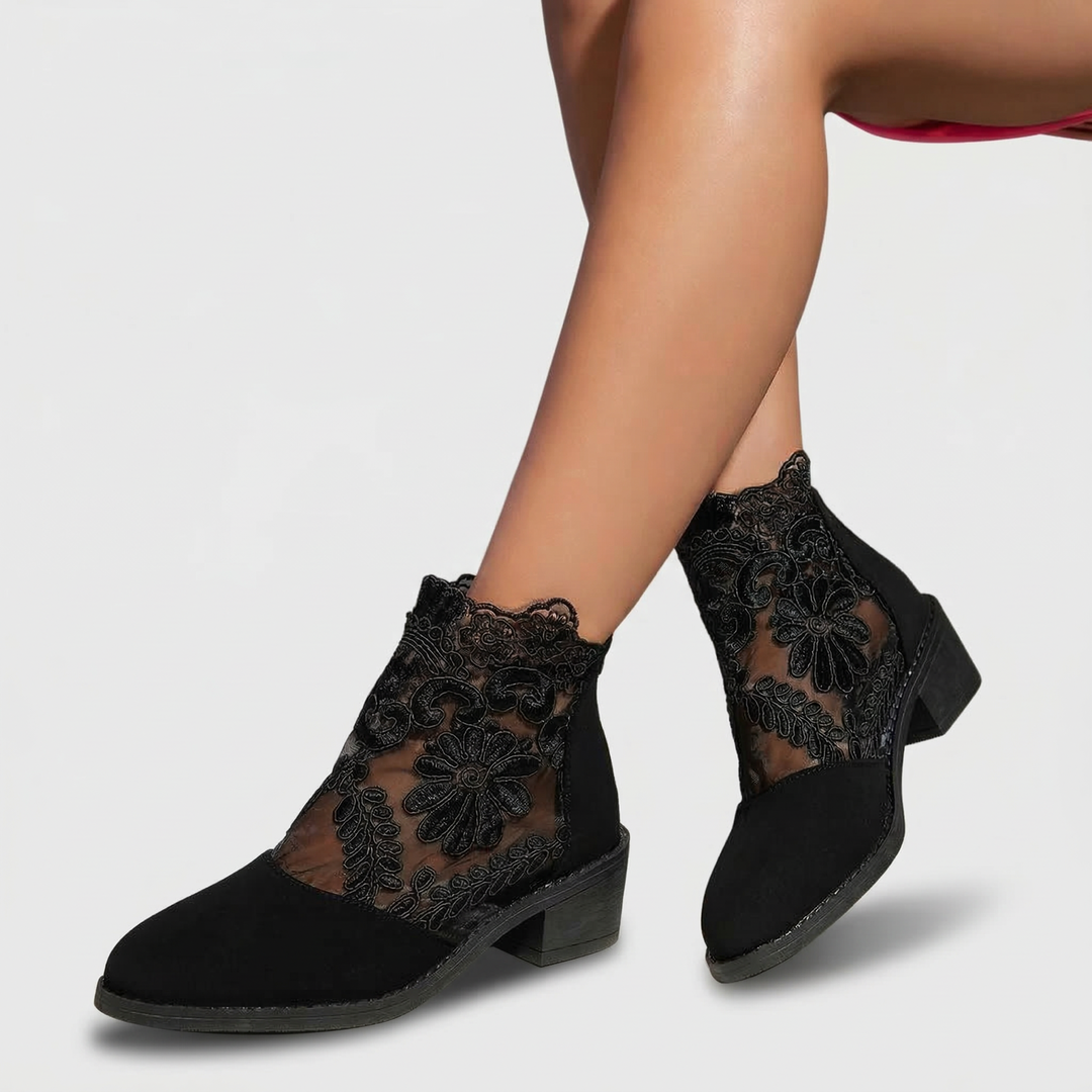 Clarisse Elegant Lace Comfort Heel Boots - Black