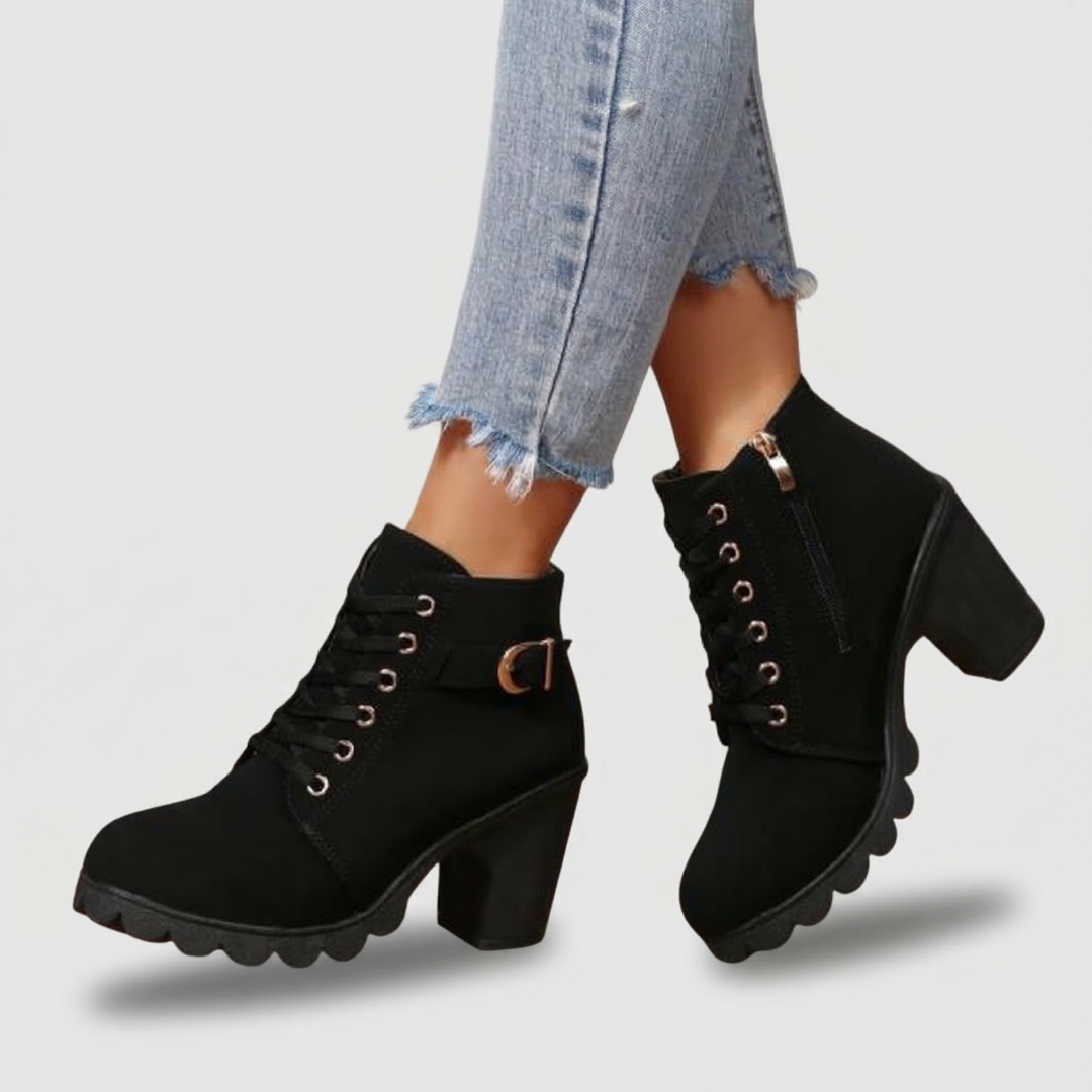 Karin Chic Lace | Up Metal Buckle Chunky Ankle Boots - Black