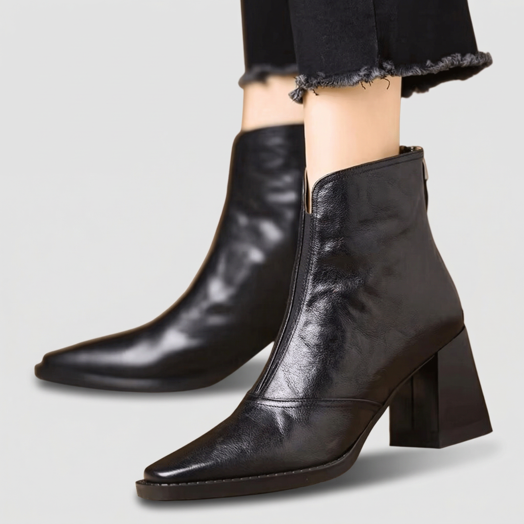 Claudia Luxe Mid | Heel Leather Ankle Boots - Black