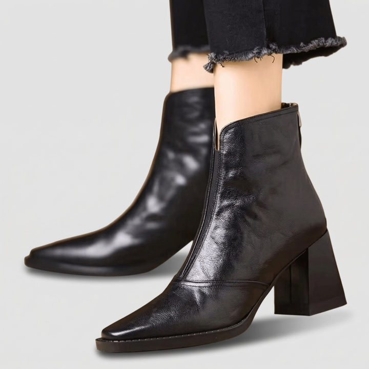 Claudia Luxe Mid | Heel Leather Ankle Boots - Black