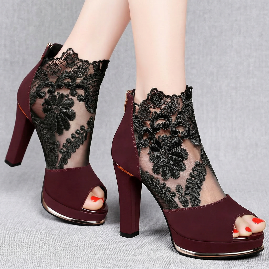 Seraphine Elegant Lace Peep | Toe Heels - Black