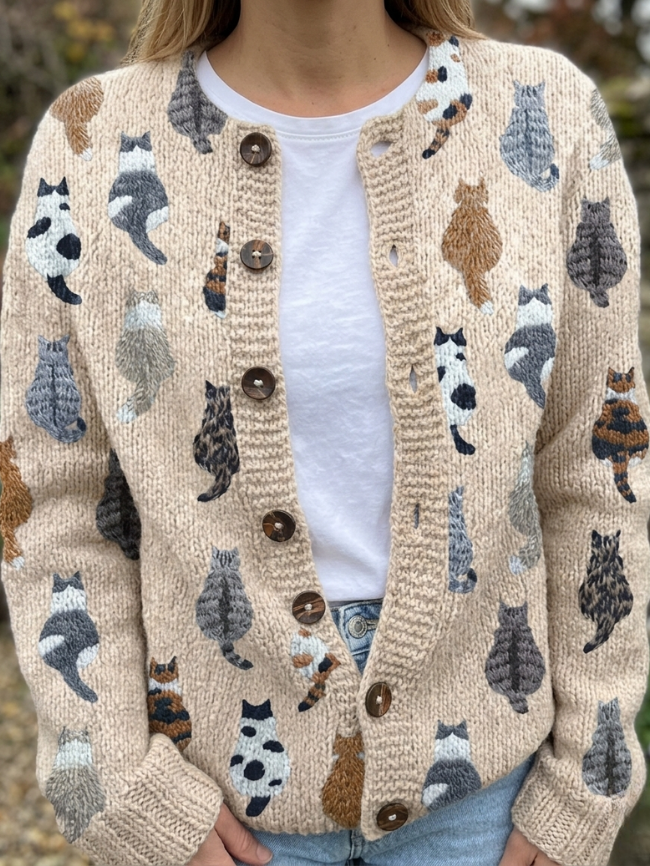 Sorielle | Cat Print Knit Cardigan - Beige