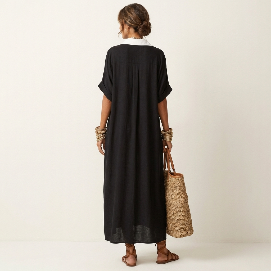Kamira | Contrast-Collar Button-Front Short Sleeve Maxi Shirt Dress