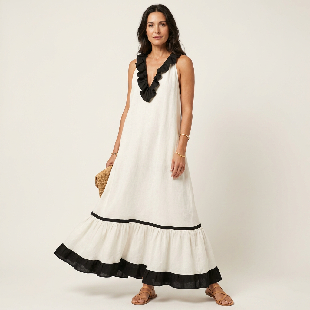 Milena | Maxi Dress Sleeveless with Scollo a Balze & Bordi a Contrasto