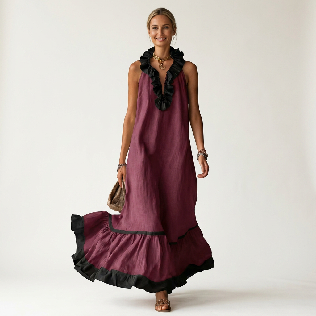 Milena | Maxi Dress Sleeveless with Scollo a Balze & Bordi a Contrasto