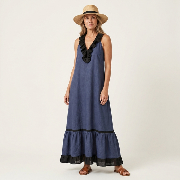 Milena | Maxi Dress Sleeveless with Scollo a Balze & Bordi a Contrasto