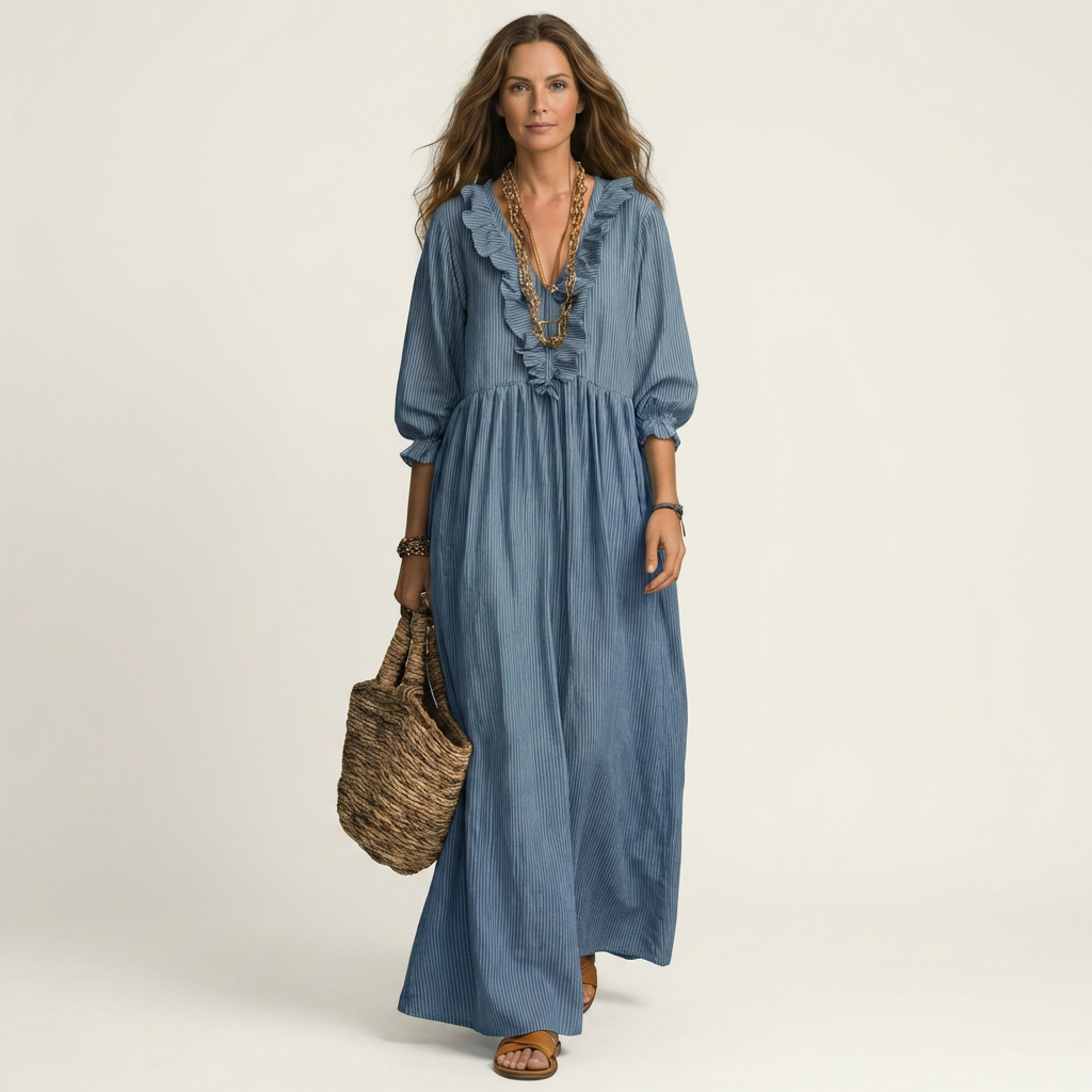 Yosetta | Ruffle Scollo a V a Righe Lantern-Sleeve Maxi Dress