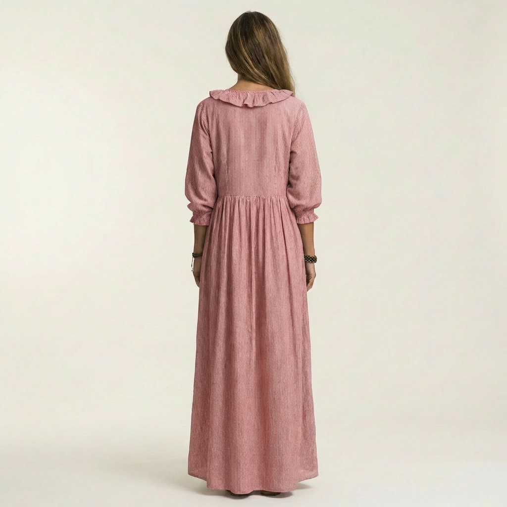 Yosetta | Ruffle Scollo a V a Righe Lantern-Sleeve Maxi Dress