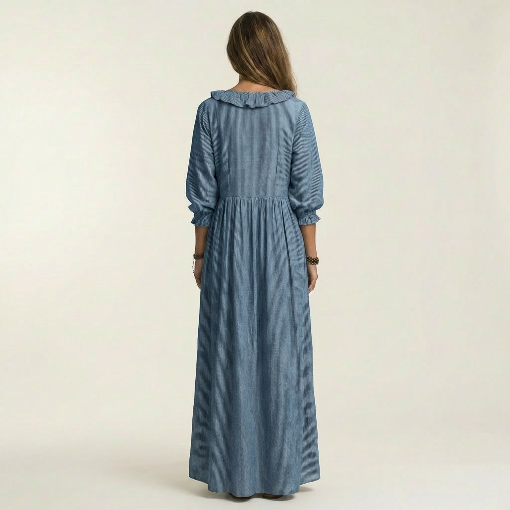Yosetta | Ruffle Scollo a V a Righe Lantern-Sleeve Maxi Dress
