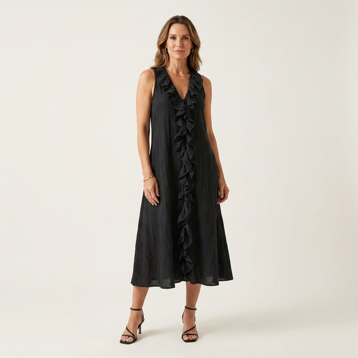Vicky | Ruffle-Front Scollo a V Sleeveless Maxi Dress