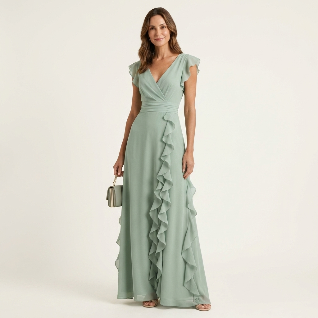 Nellyana | Wrap-Stile Scollo a V Flutter-Sleeve Cascading Ruffle Maxi Dress