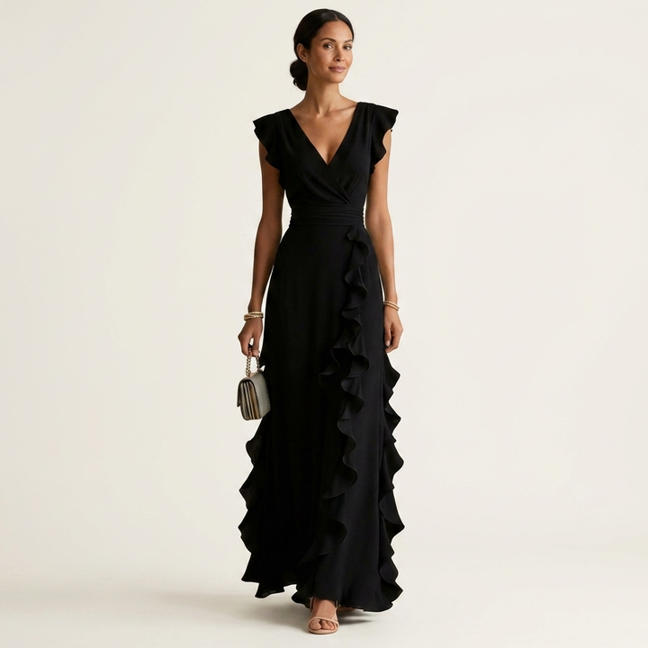 Nellyana | Wrap-Stile Scollo a V Flutter-Sleeve Cascading Ruffle Maxi Dress