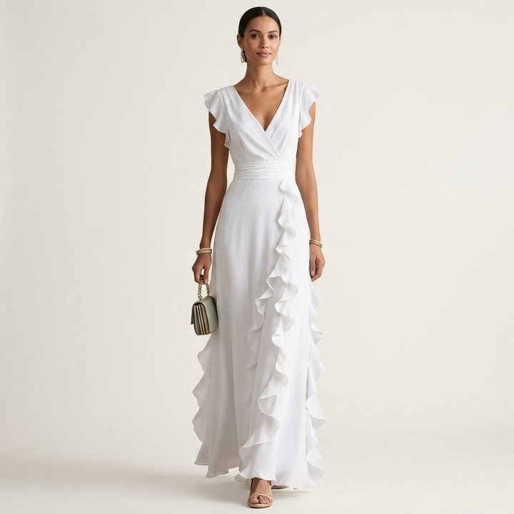 Nellyana | Wrap-Stile Scollo a V Flutter-Sleeve Cascading Ruffle Maxi Dress