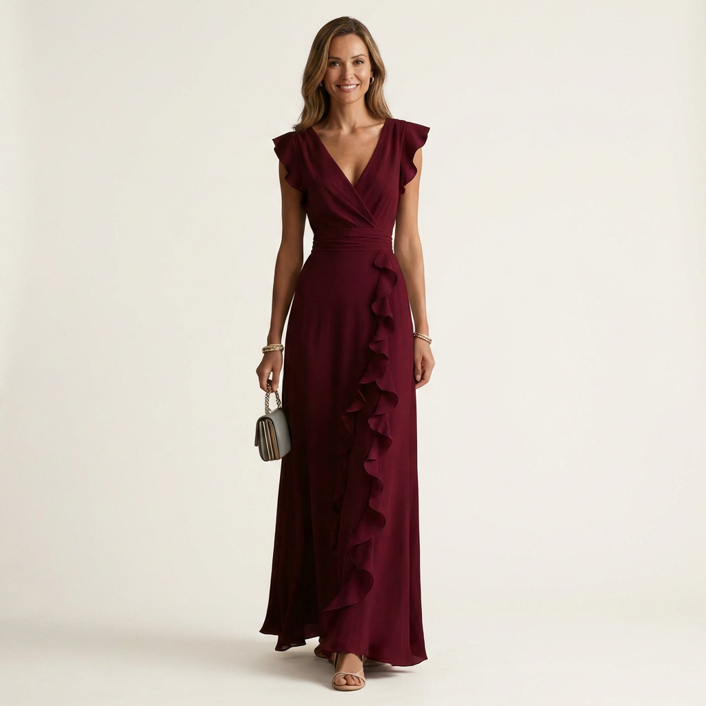 Nellyana | Wrap-Stile Scollo a V Flutter-Sleeve Cascading Ruffle Maxi Dress