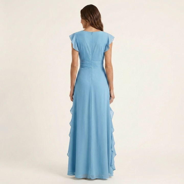 Nellyana | Wrap-Stile Scollo a V Flutter-Sleeve Cascading Ruffle Maxi Dress