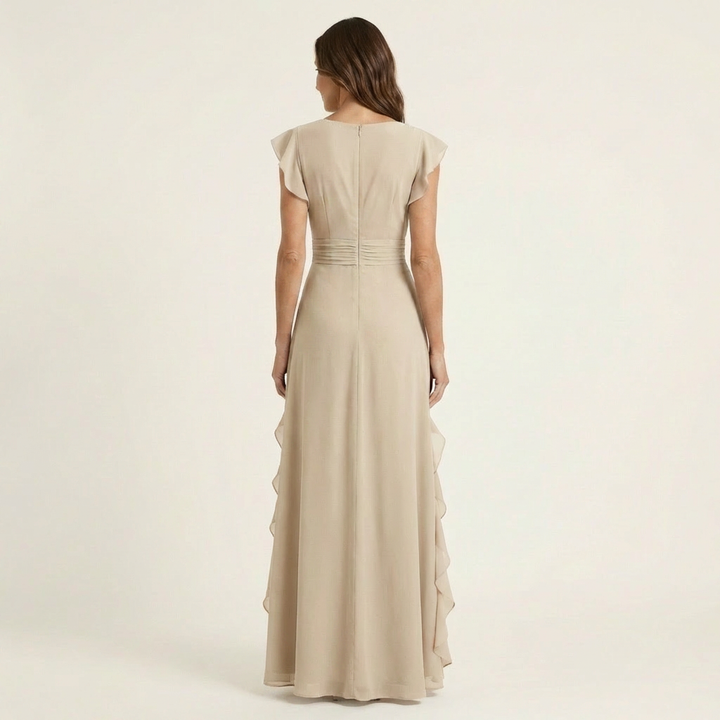 Nellyana | Wrap-Stile Scollo a V Flutter-Sleeve Cascading Ruffle Maxi Dress