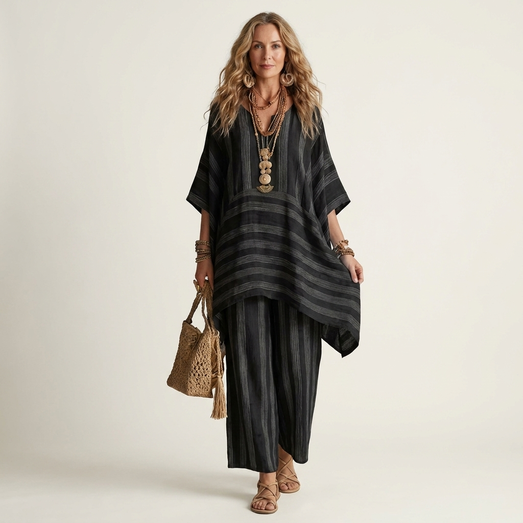 Kiara | Due Pezzi Striped Cotton-Linen Completo