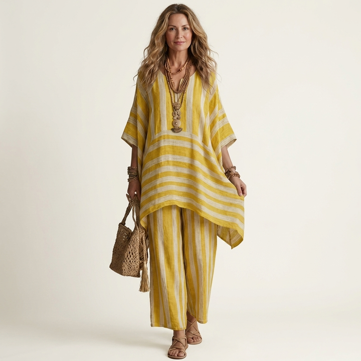 Kiara | Due Pezzi Striped Cotton-Linen Completo