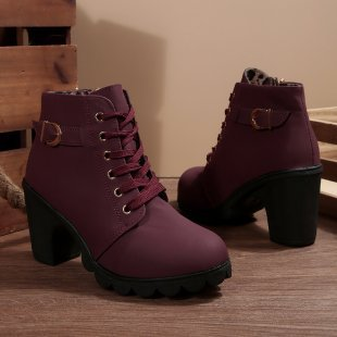 Karin Chic Lace | Up Metal Buckle Chunky Ankle Boots - Burgundy