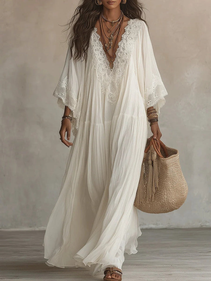 Adelaida | Abito lungo in chiffon color avorio con maniche a pipistrello e pizzo bianco